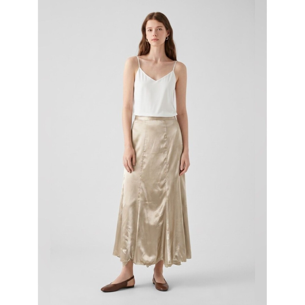 Vintage Satin A-Line Midi Skirt in Champagne lace trim waist. Y2K style fairy